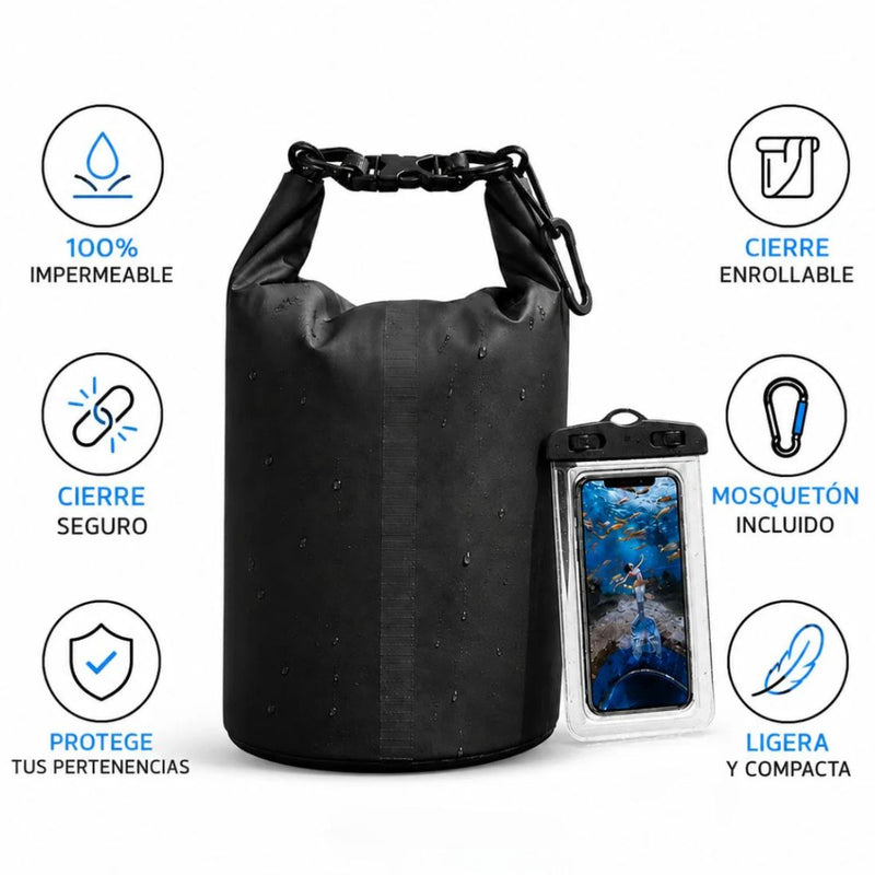 Bolsa seca Impermeable con Funda Waterproof para Celular. Mochila con Cierre Hermético para Playa, Kayak, Camping y Deportes Acuáticos. Color Negro.
