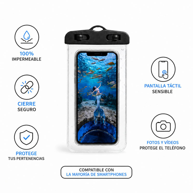 Bolsa seca Impermeable con Funda Waterproof para Celular. Mochila con Cierre Hermético para Playa, Kayak, Camping y Deportes Acuáticos. Color Negro.
