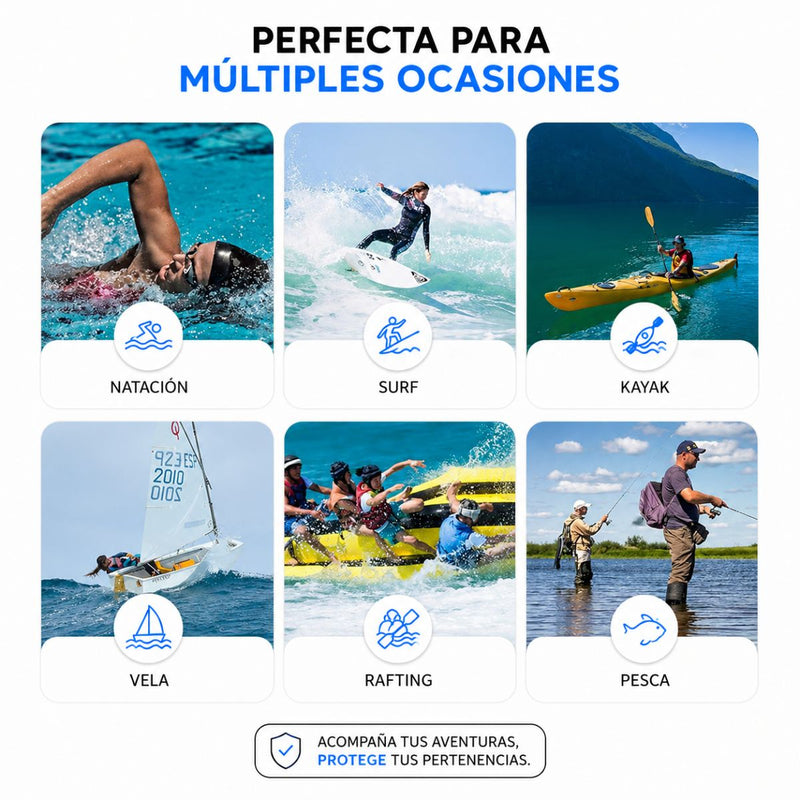 Bolsa seca Impermeable con Funda Waterproof para Celular. Mochila con Cierre Hermético para Playa, Kayak, Camping y Deportes Acuáticos. Color Negro.