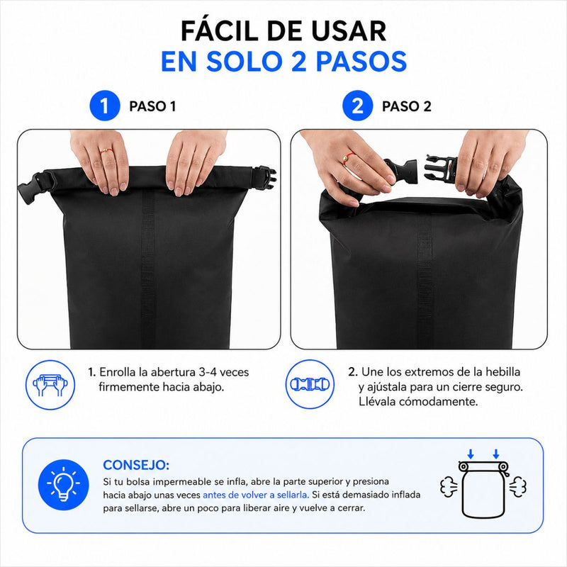 Bolsa seca Impermeable con Funda Waterproof para Celular. Mochila con Cierre Hermético para Playa, Kayak, Camping y Deportes Acuáticos. Color Negro.