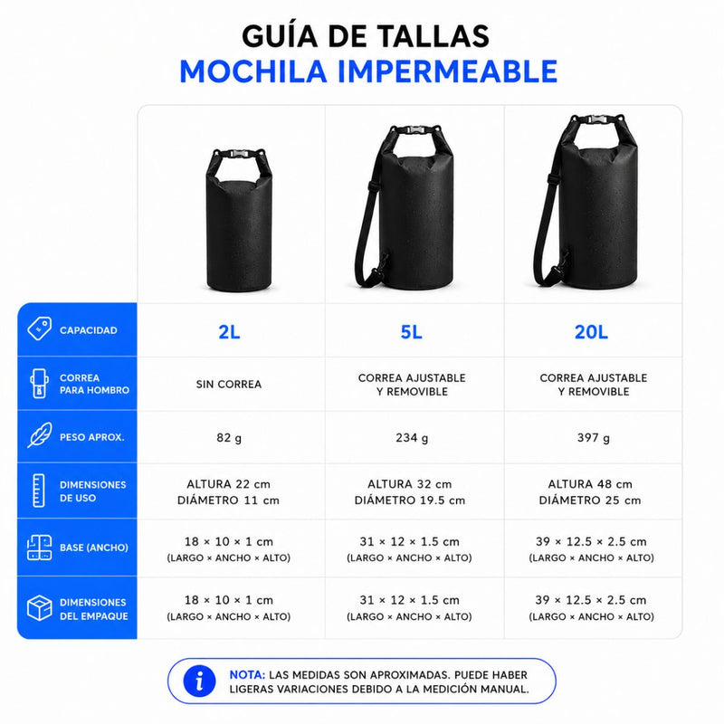 Bolsa seca Impermeable con Funda Waterproof para Celular. Mochila con Cierre Hermético para Playa, Kayak, Camping y Deportes Acuáticos. Color Negro.
