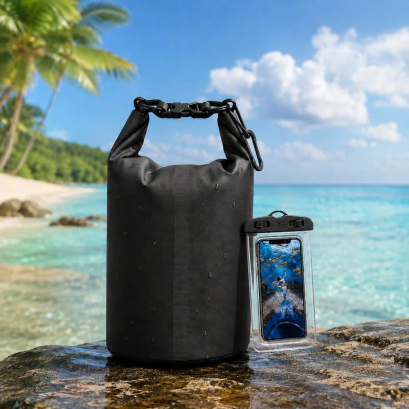 Bolsa seca Impermeable con Funda Waterproof para Celular. Mochila con Cierre Hermético para Playa, Kayak, Camping y Deportes Acuáticos. Color Negro.