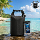 Bolsa seca Impermeable 2L con Funda Waterproof para Celular. Mochila con Cierre Hermético para Playa Kayak Camping y Deportes Acuáticos. Color Negro