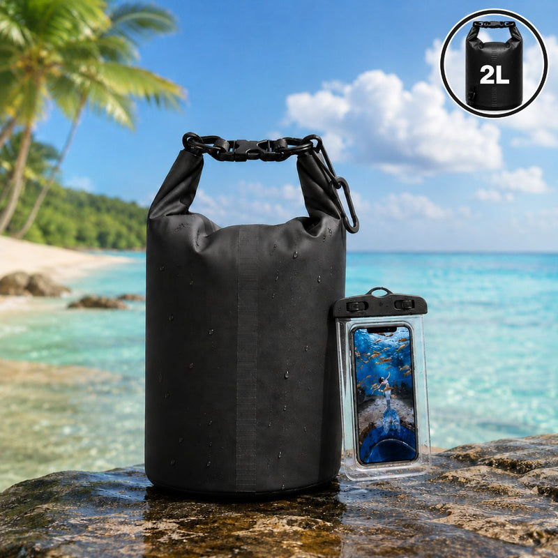 Bolsa seca Impermeable 2L con Funda Waterproof para Celular. Mochila con Cierre Hermético para Playa Kayak Camping y Deportes Acuáticos. Color Negro