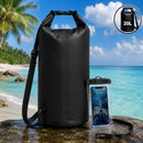 Bolsa seca Impermeable 20L con Funda Waterproof para Celular. Mochila con Cierre Hermético para Playa Kayak Camping y Deportes Acuáticos. Color Negro