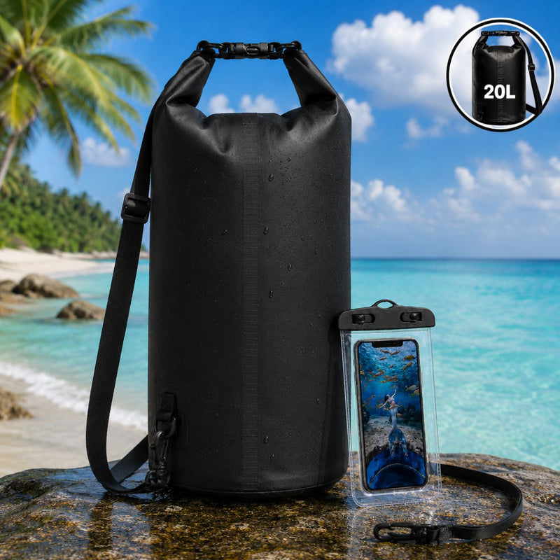 Bolsa seca Impermeable 20L con Funda Waterproof para Celular. Mochila con Cierre Hermético para Playa Kayak Camping y Deportes Acuáticos. Color Negro
