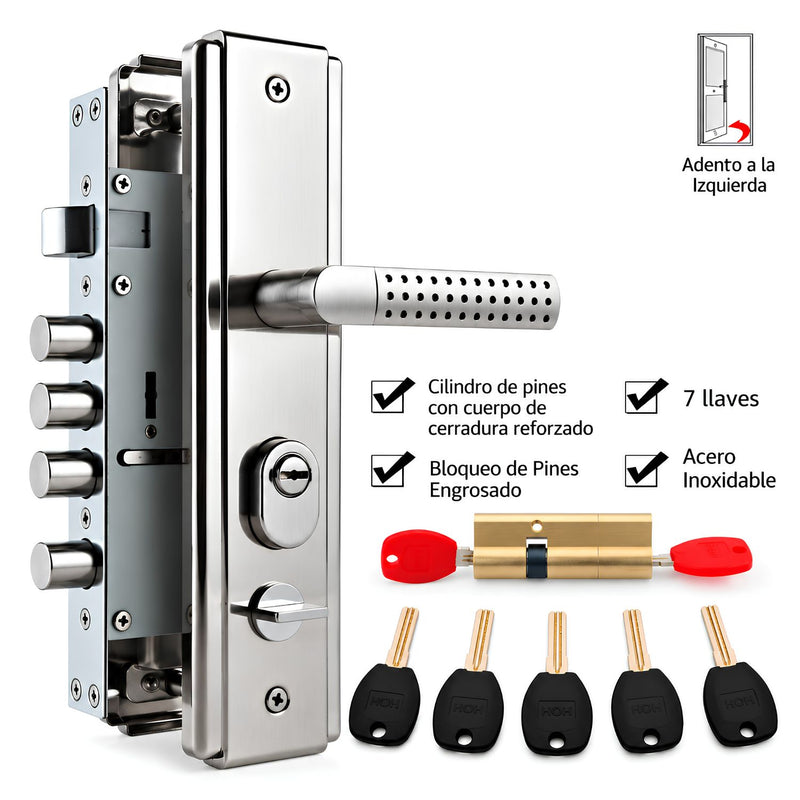 Cerradura De Seguridad Embutida Para Puertas Metálicas 20cm x 6.5cm. Con Cilindro De Acero Inoxidable. Incluye 7 Llaves. Apertura Izquierda Hacia Adentro