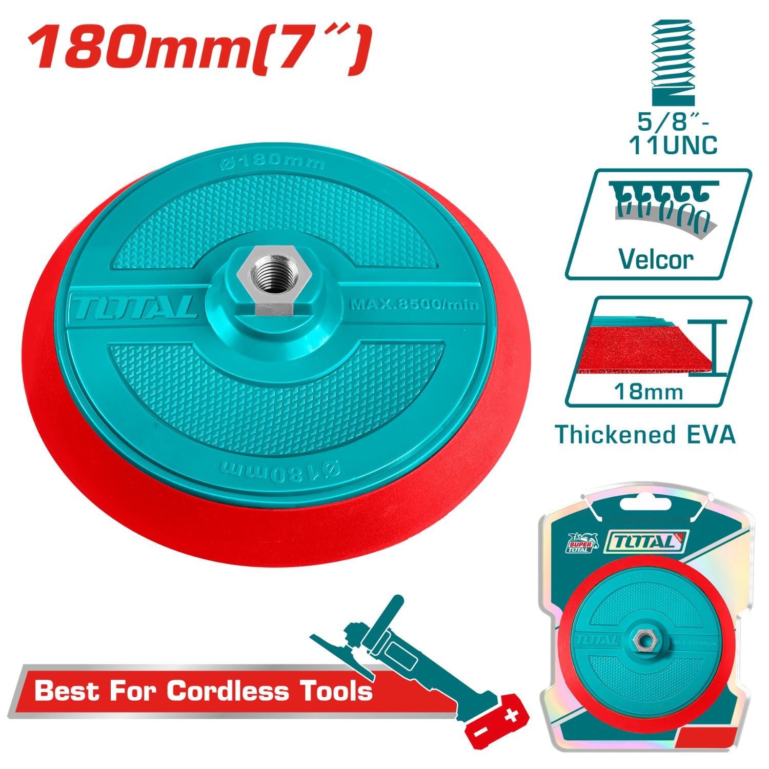 Disco de goma con velcro para pulidora de 7" con rosca 5/8-11UNC.