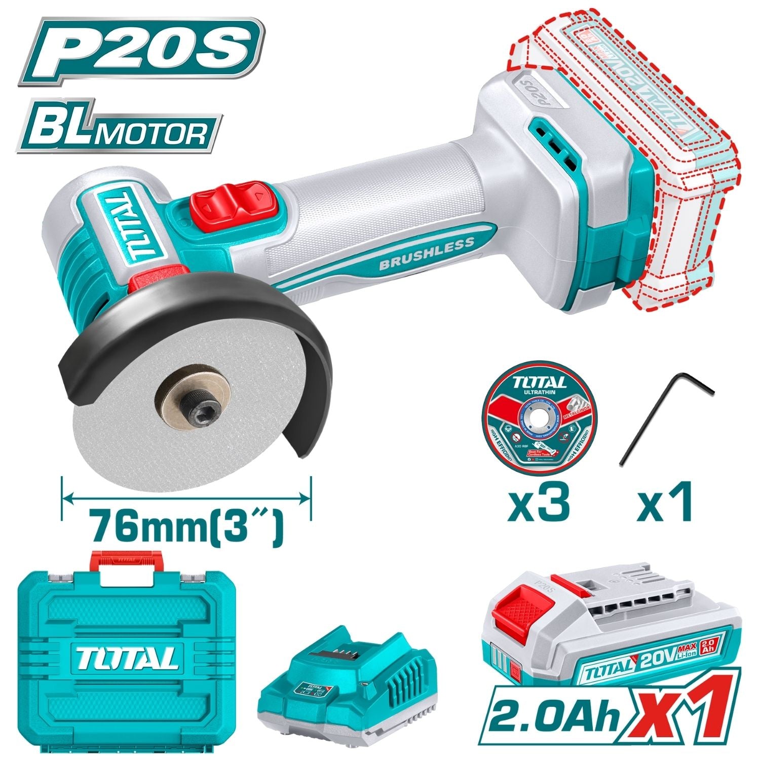 Cortadora Mini Compacta 20V de 3" Veloc. 20,000 rpm. disco: 76mm. Incluye bateria y cargador.