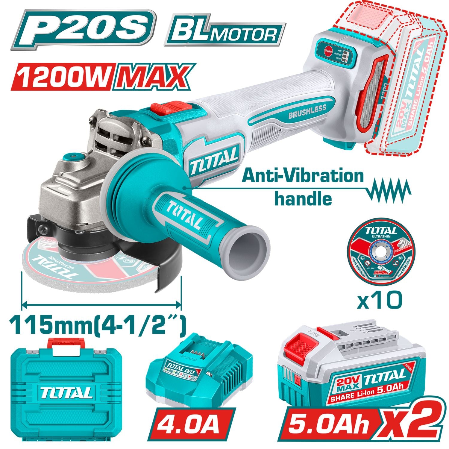Flexible esmeriladora Inalámbrica 4 1/2" 20V Potencia de entrada: 1200W Incluye discos, batería, cargador y estuche. Esmeril angular