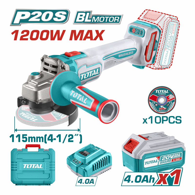 Flexible esmeriladora Inalámbrica 4 1/2" 20V Potencia de entrada: 1200W Incluye discos, batería, cargador y estuche. Esmeril angular