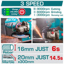 Flexible esmeriladora Inalámbrica 4 1/2” 42V Potencia de entrada: 1080W Incluye discos, batería, cargador y estuche. Esmeril angular