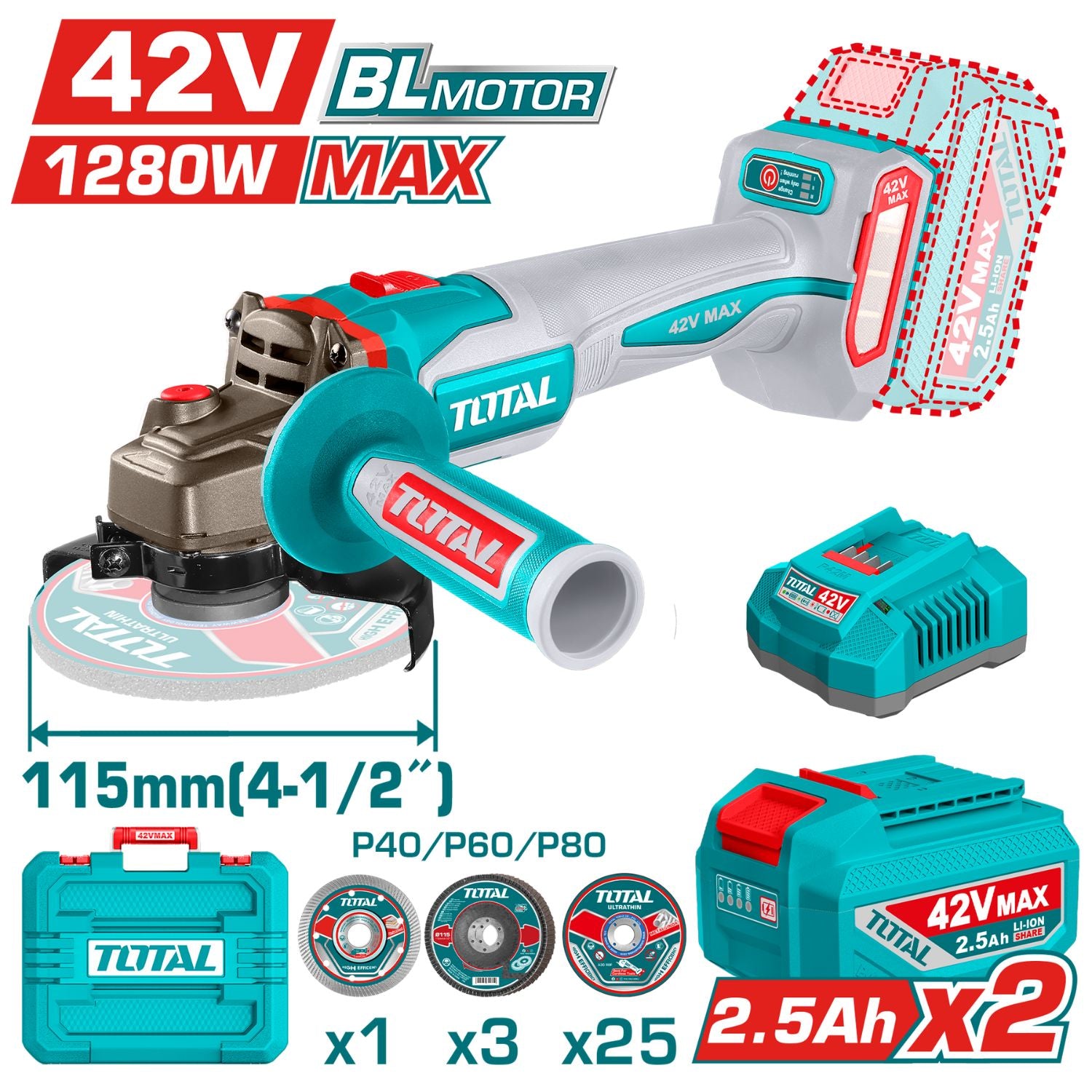 Flexible esmeriladora Inalámbrica 4 1/2" 42V Potencia de entrada: 1280W Incluye discos, batería, cargador y estuche. Esmeril angular