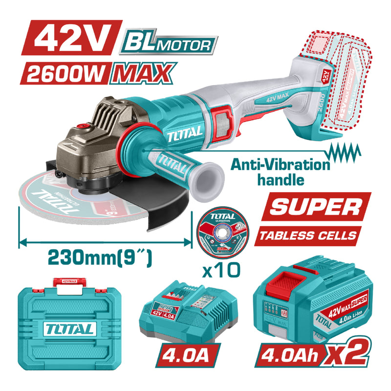 Flexible Esmeriladora Inalámbrica 20V 2600W Disco 9” Eje 5/8”. Motor sin escobillas. Incluye Discos, Batería, Cargador Y Estuche. Esmeril Angular.