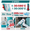 Pistola De Calor Inalámbrica. 20V. Temperatura 30-300°C / 30-580°C. Pantalla LCD. Incluye Batería y Cargador y Accesorios. Blower aire