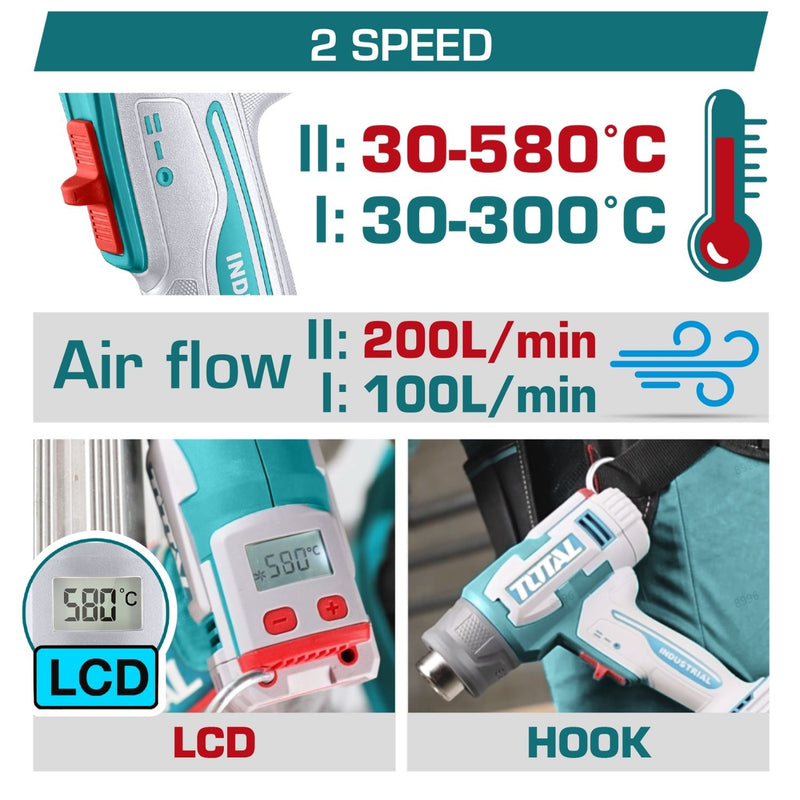 Pistola De Calor Inalámbrica. 20V. Temperatura 30-300°C / 30-580°C. Pantalla LCD. Incluye Batería y Cargador y Accesorios. Blower aire