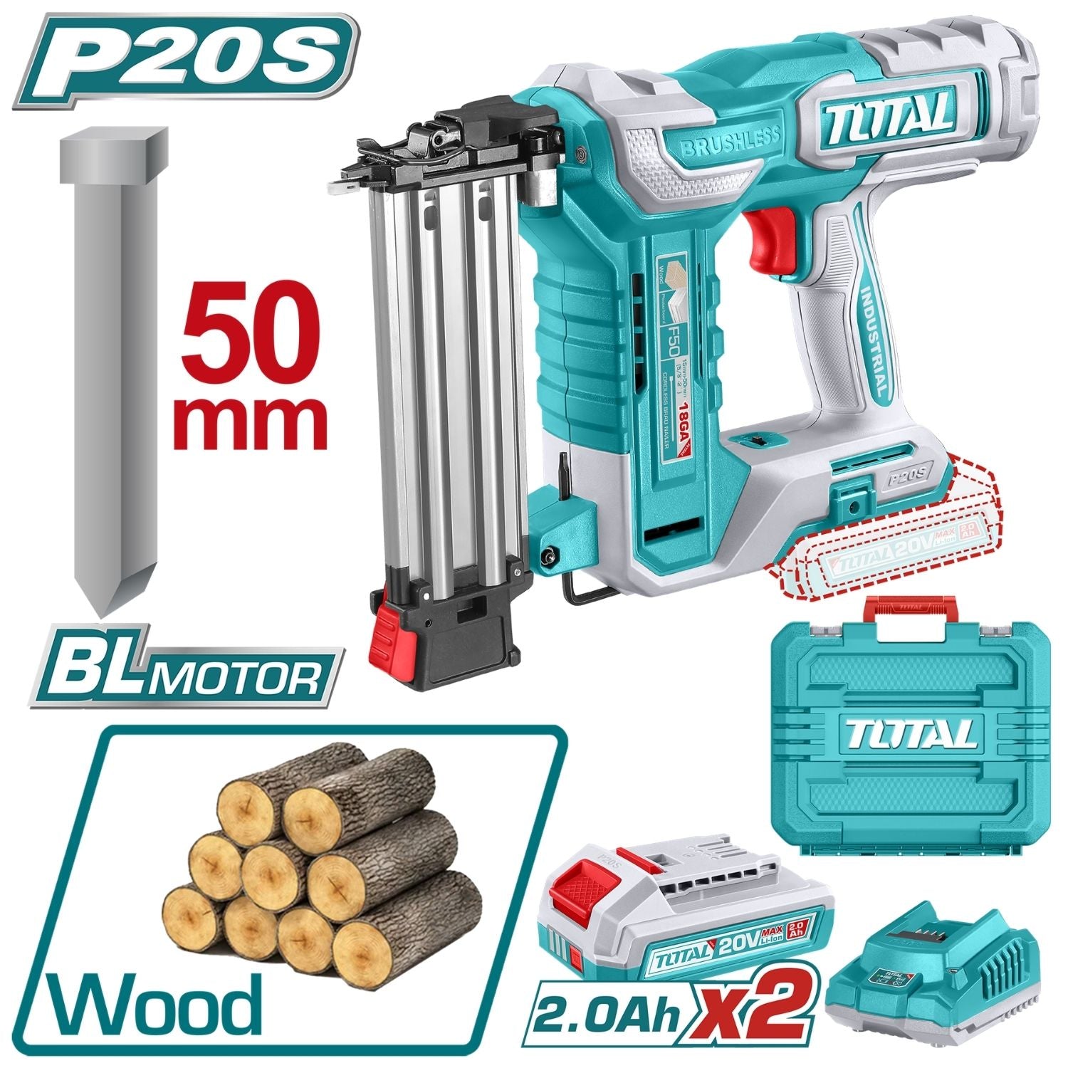 Clavadora de madera Inalámbrica 20V tipo F15~F50 Clavos Brad de 50mm. Capacidad de 105 pzs. Incluye 2 baterías y cargador.