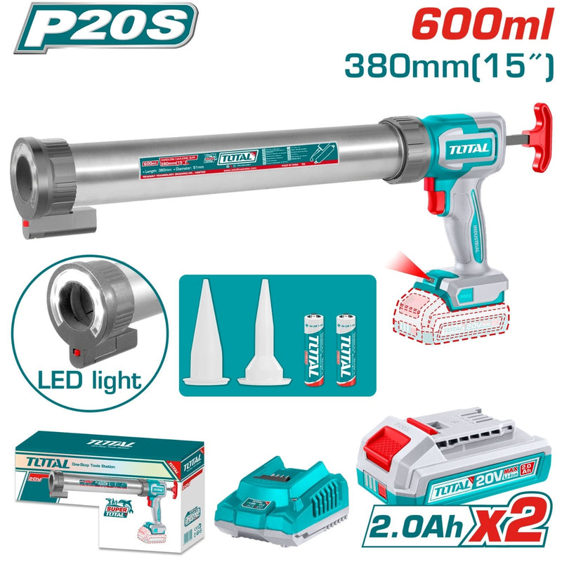 Pistola de silicón inalámbrica 20V, Empuje 2800N, Tiempo 560–92 s  incluye 2 batería 1 cargador