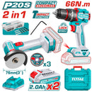 Combo Total Mini Amoladora 3” 20000 rpm, Taladro Percutor 66Nm 1/2” / 0-2000rpm. Incluye accesorios, batería y cargador.
