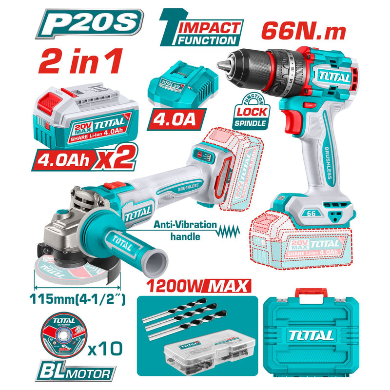 Combo del mes Total Esmeril angular 20V Motor sin escobillas 4-1/2". Taladro Compacto motor sin escobillas 20V 66Nm. Batería y Cargador. POCAS UNIDADES