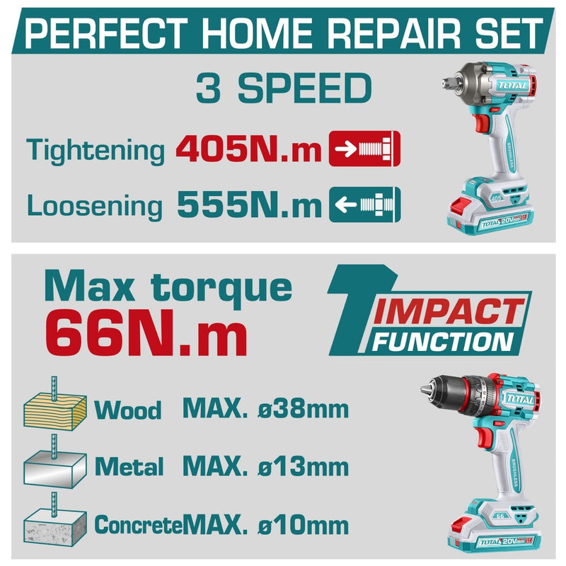 Combo Total 20V Taladro Impacto y Llave de Impacto 20V Inalámbricas Poderosas Y Potentes Con Batería Y Cargador. COMBOS POCAS UNIDADES