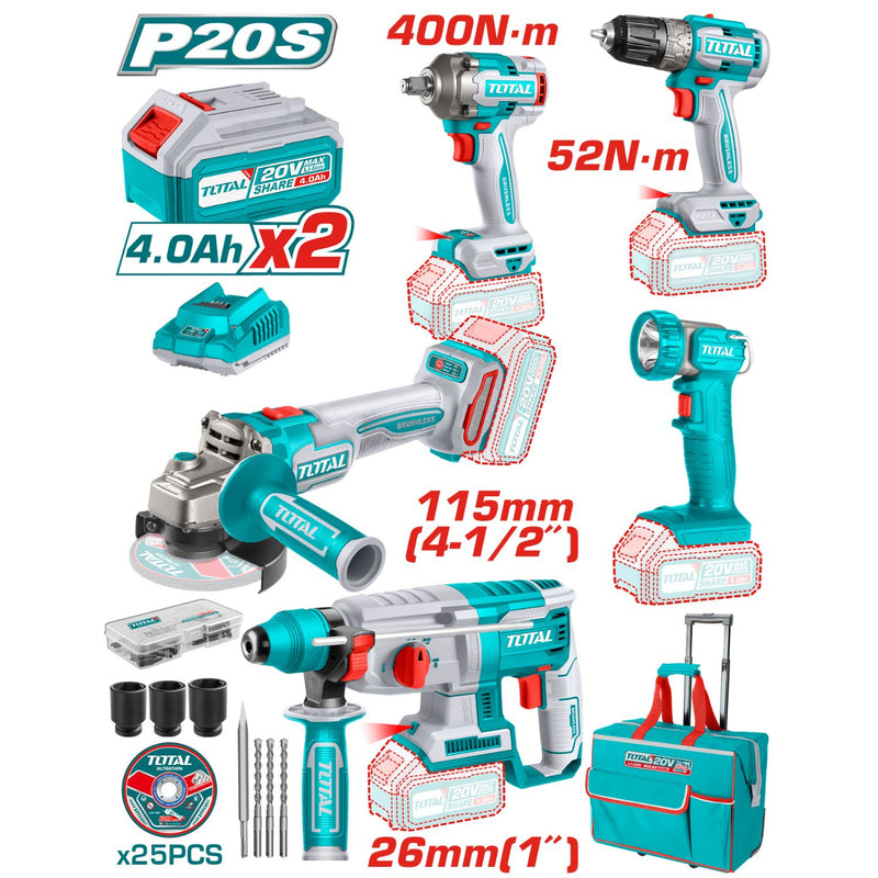 Combo del Mes Kit  Llave de Impacto 20V 1/2" 400 Nm, Taladro 20V 3/8" 52 Nm Motor Sin Escobillas, Rotomartillo 2.5J 26mm.  Amoladora 4-1/2” y Lámpara 5W.  Incluye Batería Y Cargador. Pocas Unidad