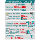 Combo Total Kit 20V  Taladro Percutor 66Nm, Esmeriladora 1200W 4-1/2" Motor Sin Escobillas, Rotomartillo 2.5J 26mm y Lámpara 5W. Incluye Batería Y Cargador. Pocas Unidades.