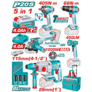 Combo Total Kit 20V  Taladro Percutor 66Nm, Esmeriladora 1200W 4-1/2" Motor Sin Escobillas, Rotomartillo 2.5J 26mm y Lámpara 5W. Incluye Batería Y Cargador. Pocas Unidades.