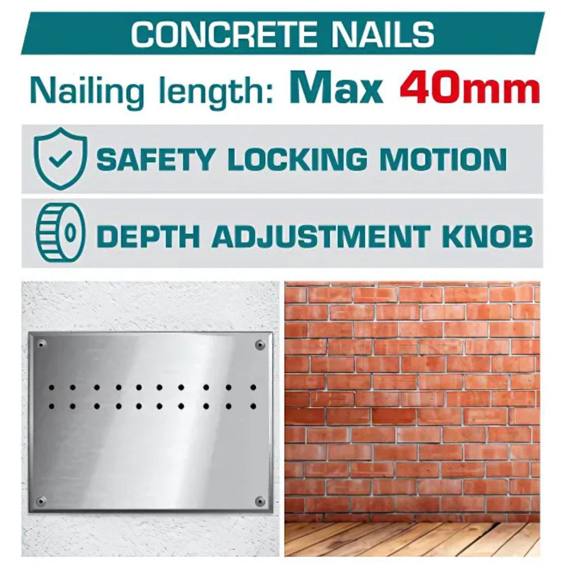 Clavadora de Concreto Inalámbrica 42V Motor sin escobillas Clavos 19 - 40 mm Incluye accesorios, batería y cargador.