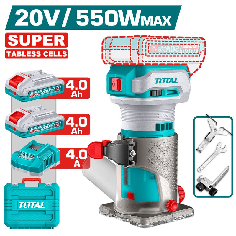 Router 550W, 120V~60Hz. Para espárragos de 1/4" 30000 rpm Incluye accesorios batería y cargador.