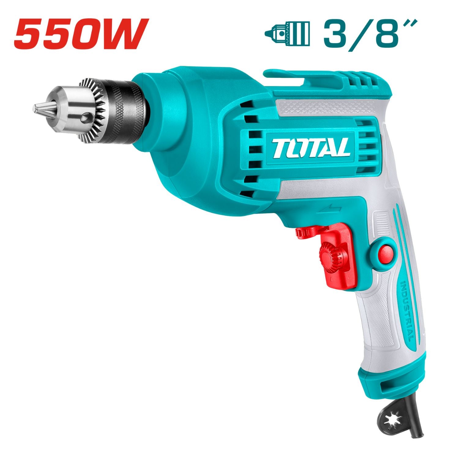 Taladro eléctrico 3/8" de 550W con función reversible. Voltaje: 110-120V ~ 60Hz.