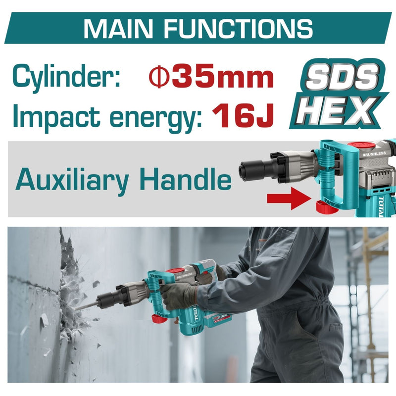 Martillo Demoledor SDS HEX Inalámbrico Motor sin escobillas 20V  0-3200 bpm 16J Incluye Batería y Cargador.