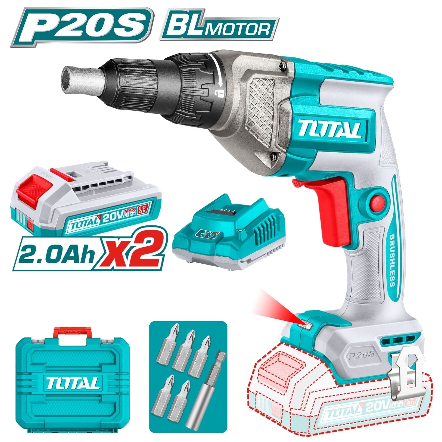 Drill para Drywall destornillador inalámbrico 20V 1/4" para gypsum. Incluye 2 Baterías y 1 Cargador.
