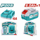 Combo del mes Total 20V Batería de 6.0Ah con indicador LED y Cargador Rápido de 4A compatible con Herramientas Inalámbricas POCAS UNIDADES.