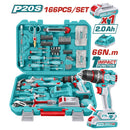 Drill Taladro Inalámbrico 20V 66Nm con set de 166 herramientas variadas. Incluye batería y cargador. Herramientas en maletín