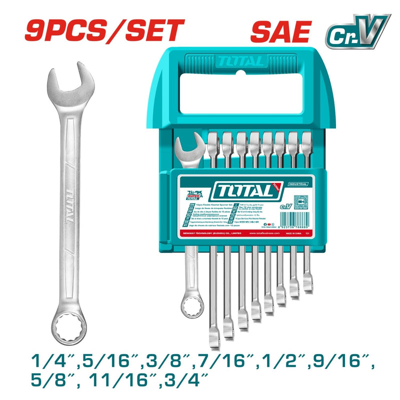 Llaves combinadas Tamaño 1/4"-3/4". Cr-V Acero Forjado Acabado Pulido. Set de 9 pzas.