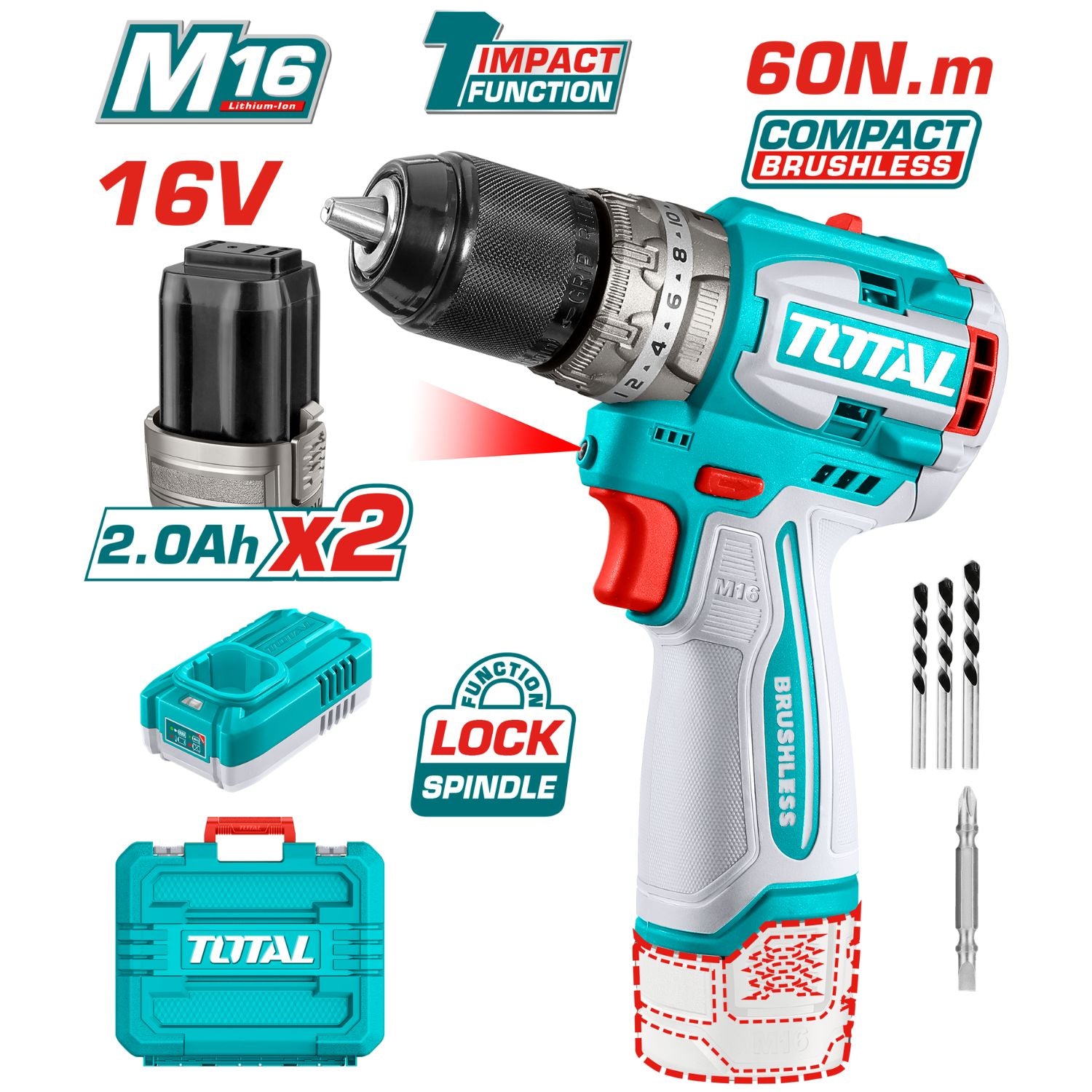 Taladro Inalámbrico 20V 1/2" 60 Nm Impacto. Motor Sin Escobillas. Incluye batería y cargador. Super Total