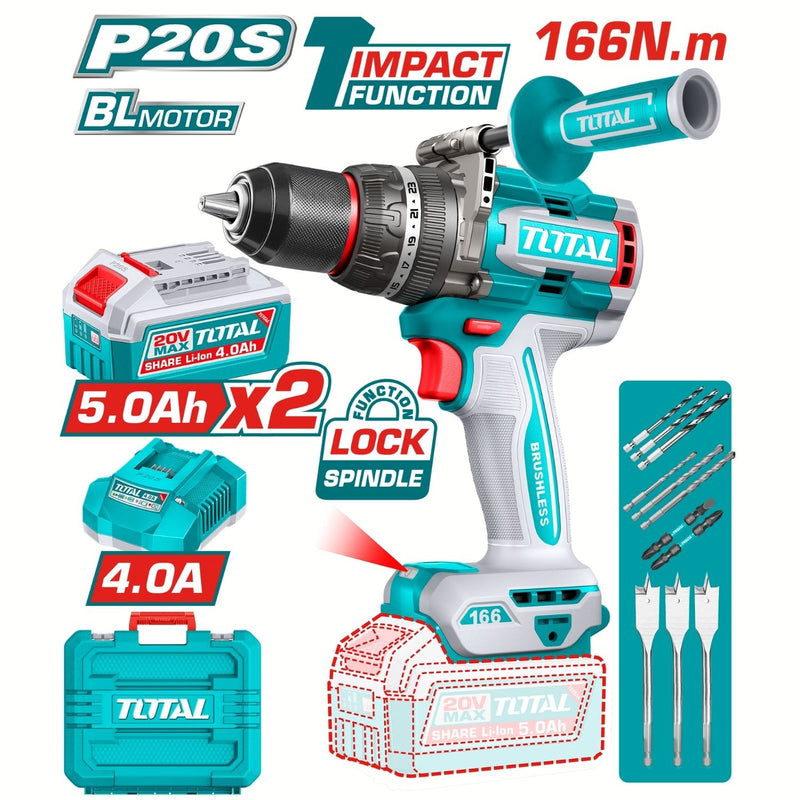 Drill Taladro Inalámbrico 166 Nm 20V Función De Impacto. Motor sin escobillas. Incluye Batería, Cargador y accesorios.