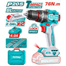 Taladro Inalámbrico 20V 1/2” 76Nm Impacto. Motor sin escobillas. Incluye 2 baterías, 1 cargador y accesorios.