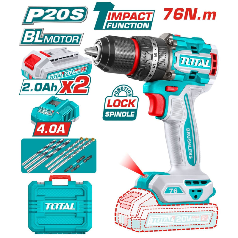 Taladro Inalámbrico 20V 1/2” 76Nm Impacto. Motor sin escobillas. Incluye 2 baterías, 1 cargador y accesorios.