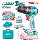 Taladro Inalámbrico 20V 1/2" 76Nm Impacto. Motor sin escobillas. Incluye 2 baterías y cargador y accesorios. Super Total