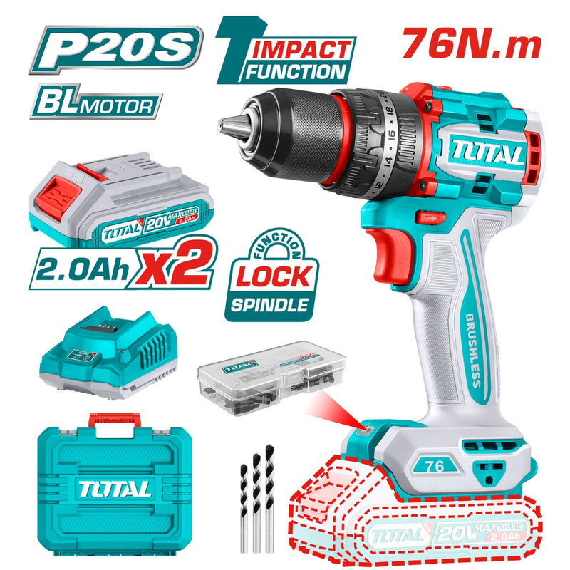 Taladro Inalámbrico 20V 1/2" 76Nm Impacto. Motor sin escobillas. Incluye 2 baterías y cargador y accesorios. Super Total