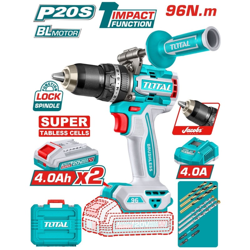 Drill Taladro Percutor 96N.m 20V 1/2"  Función De Impacto.  Mandril Metálico Jacobs. Motor sin escobillas. Incluye Batería, Cargador y accesorios.