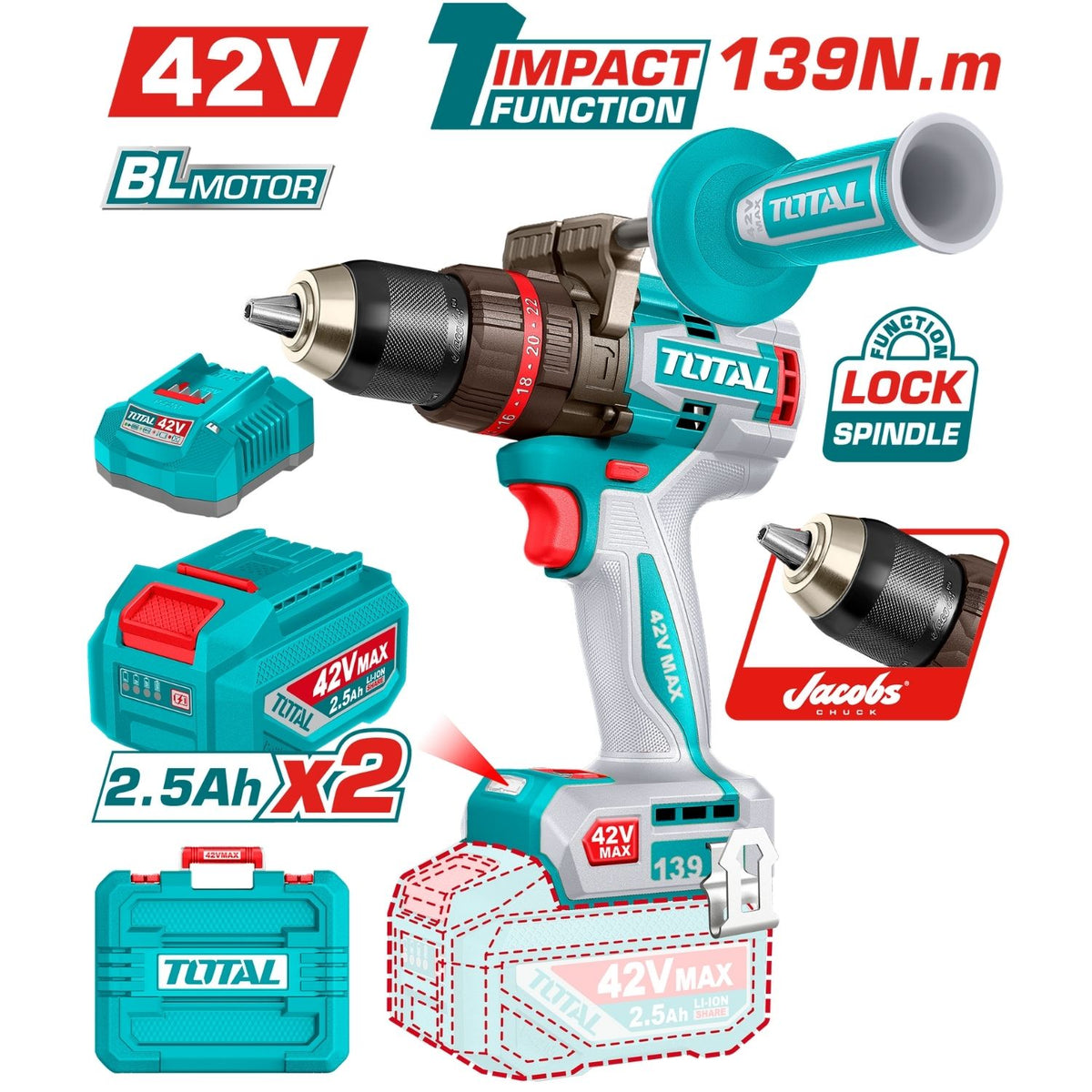 Drill Taladro Inalámbrico 139N.m 42V Función De Impacto. Motor sin escobillas. Incluye Batería, Cargador y accesorios.