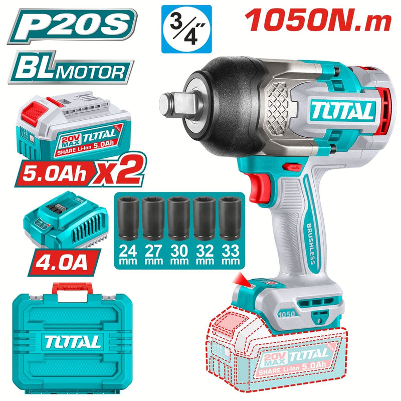 Llave Impacto dado cuadrado 20V 3/4" Motor sin escobillas. 1050 Nm  Incluye 2 baterías y cargador. Super Total