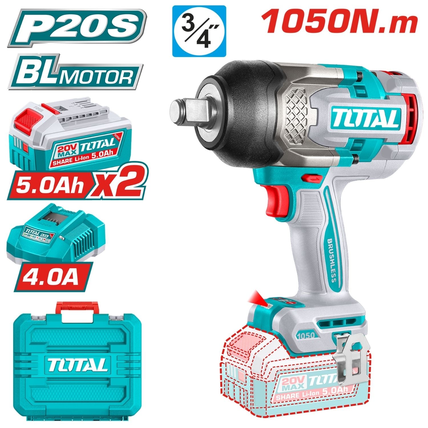 Llave Impacto 20V 3/4" Motor sin escobillas. Luz LED 1050Nm Incluye 2 baterias y cargador.