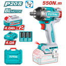 Llave Impacto dado cuadrado 20V 1/2" Motor sin escobillas. 550Nm Incluye 2 baterías y cargador y accesorios.