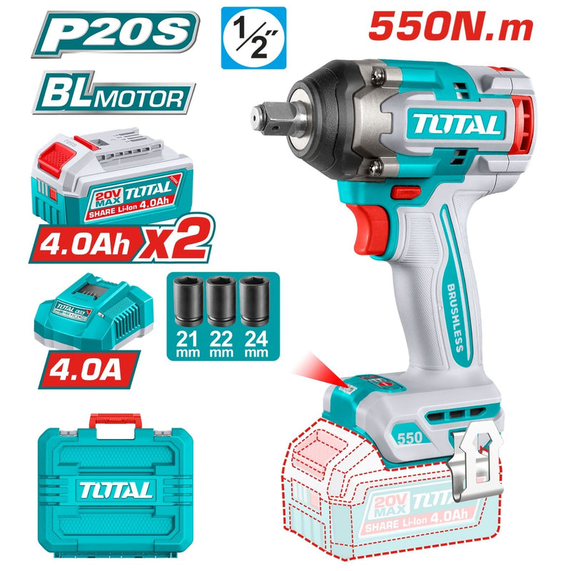 Llave Impacto dado cuadrado 20V 1/2" Motor sin escobillas. 550Nm Incluye 2 baterías y cargador y accesorios.