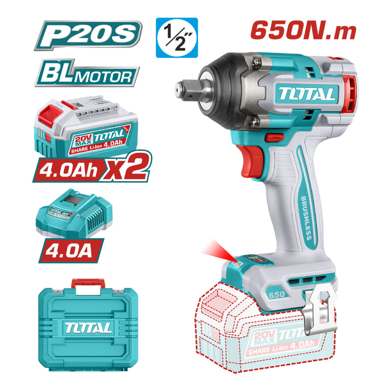 Llave Impacto dado cuadrado 20V 1/2" Motor sin escobillas. 650Nm Incluye 2 baterías y cargador. Super Total