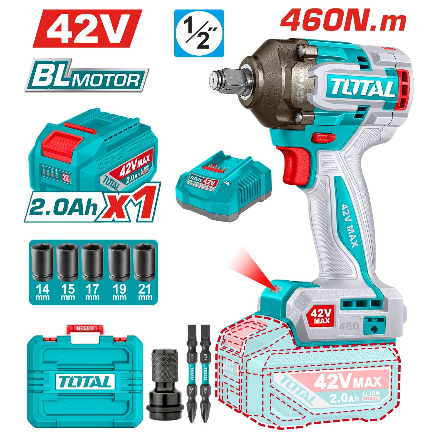 Llave impacto dado cuadrado 1/2" 42V. Motor sin escobillas. 460Nm. 2 baterías y 1 cargador.